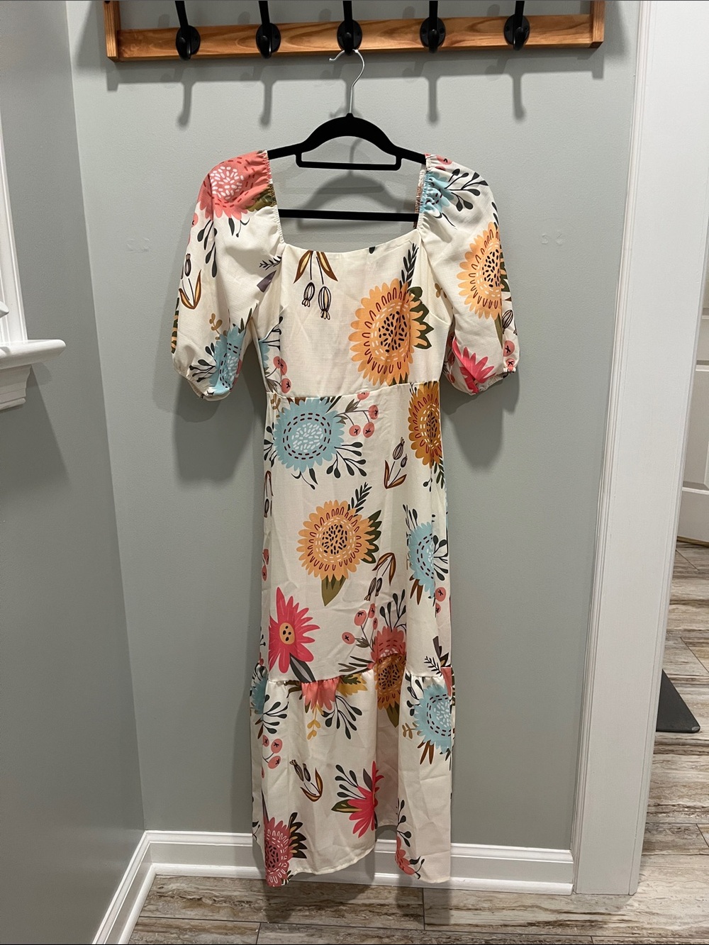 Floral Puff Sleeve Maxi Dress - Cream with Multicolor Blooms